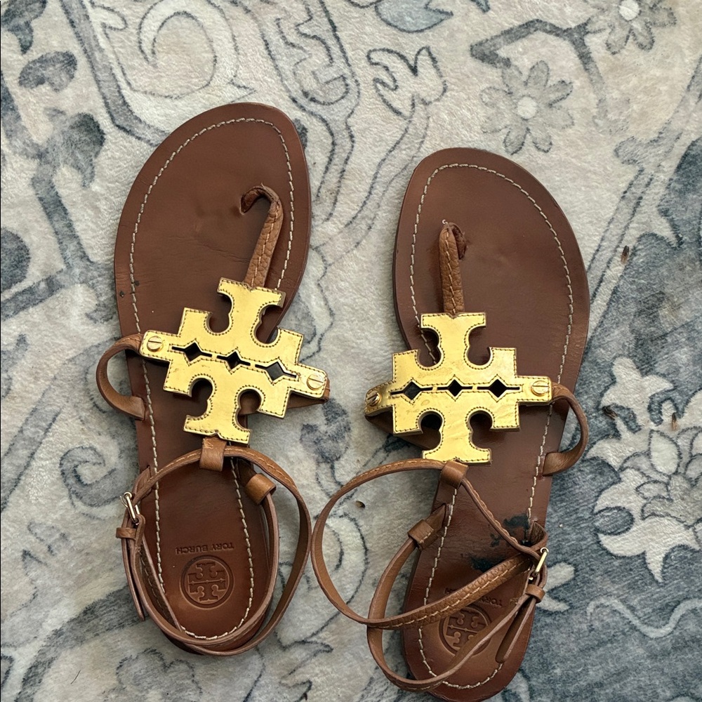 Tory Burch Brown Sandals with Gold Emblem